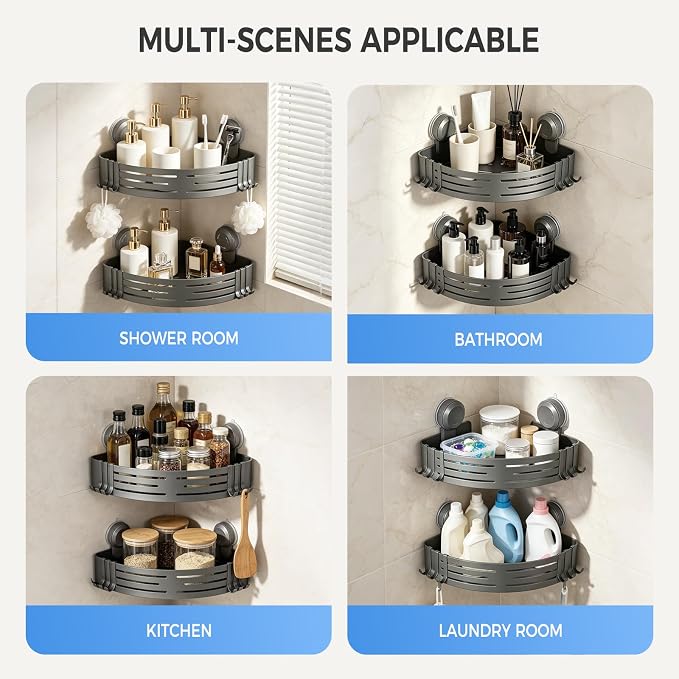 Lekesky Corner Shower Caddy Suction Cups, No Drilling Bathroom Shower Shelf | Aluminum, Rustproof, Suction Cup Can Remove and Reposition, Can hold up to 22 pounds, Also Can hold large shampoo bottles