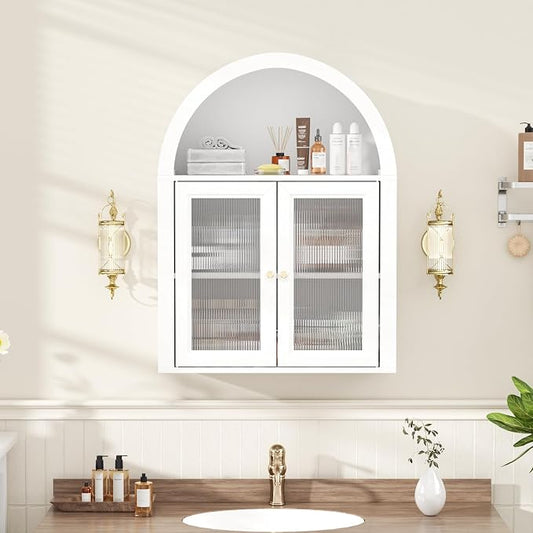 Medicine Cabinet with Arched Top, Bathroom Wall Cabinet Over Toilet with Wave Pattern Acrylic Doors and Removable Shelf, Roman Style Small Wall Cabinets for Kitchen, Living room, Laundry Room, White