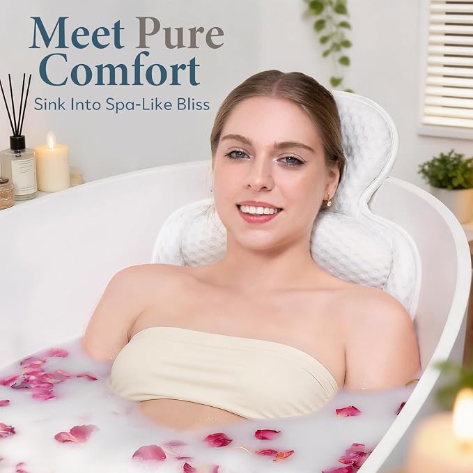 Bath Pillows for Tub, Comfortable Bathtub Cushion for Head and Neck with Soft 3D Mesh Fabric and 54 Non-Slip Suction Cups, Relaxing Tub and Shower Accessories Spa Gift Beige Extra Thick