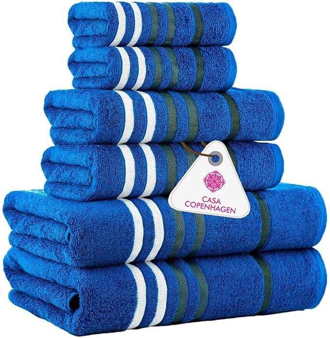 CASA COPENHAGEN 6pcs Bathroom Towel Gift Set, 550 GSM, Electric Blue | Exotic 100% Egyptian cotton,2 Bath Towel 2 Hand Towel 2 Washcloth Towels. (Gift Set for Women & Men)