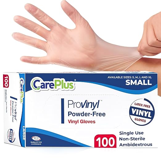 CARE PLUS Pro Vinyl Gloves Clear Medium, Latex & Powder Free, 100 Count | Exam grade protection for food prep, hair coloring, salons & housekeeping; ambidextrous, tear resistant, comfortable fit