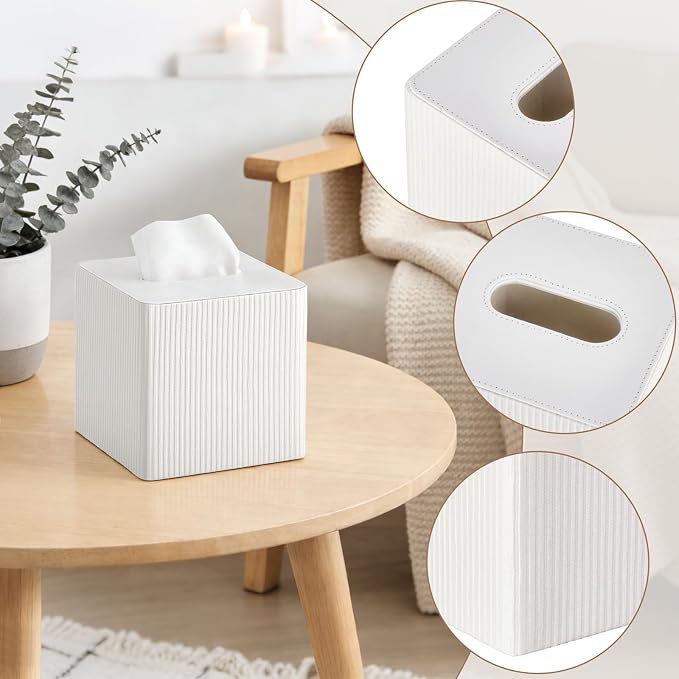 Mkono Tissue Box Cover, PU Leather Square Holder with Bottom, Beige | Decorative Facial Cube Organizer, Vanity Dresser Countertop Tabletop, Bathroom Bedroom Office Nightstand, Home Decor Accent