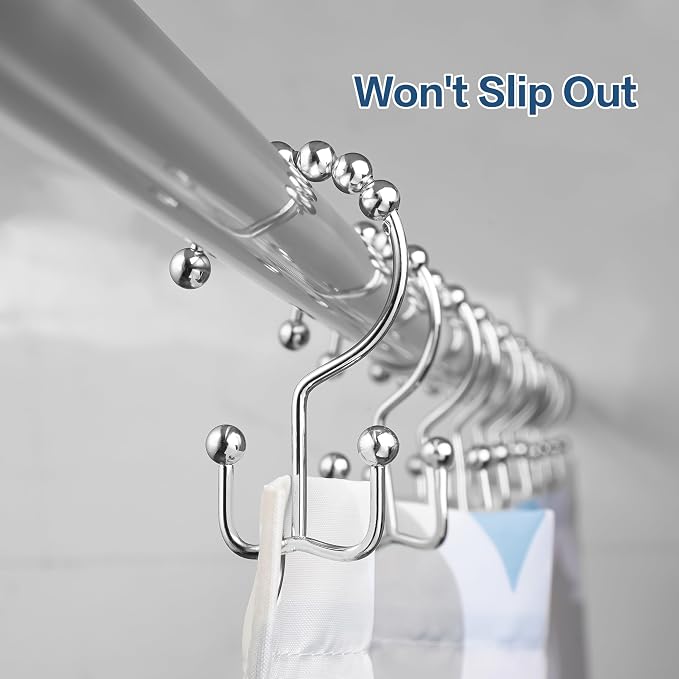 DAWNER Shower Curtain Hooks, Rust Proof Metal Easy Glide Double Rings, Stainless Steel Hangers for Bathroom Curtains, Set of 12, Polished Chrome