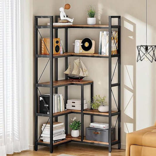 Corner Bookshelf, 5-Tier L-Shaped Bookcase, Corner Shelf with Metal Frame, Industrial Tall Display Shelf, for Living Room, Home Office, Bedroom, Rustic Brown TSJ12BF