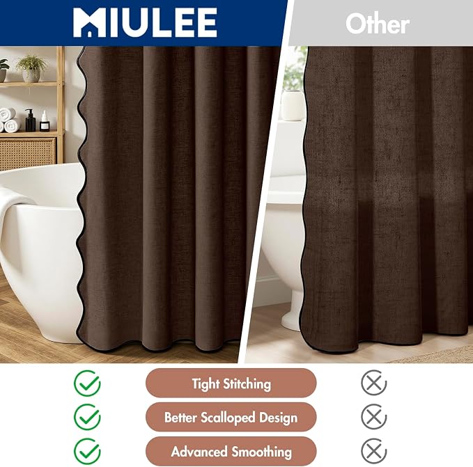 MIULEE Brown Scalloped Linen Shower Curtain 72W x 72L | 12 metal hooks, Linen scalloped, waterproof washable, thick heavy cloth, black border, boho farmhouse, bathroom hotel use