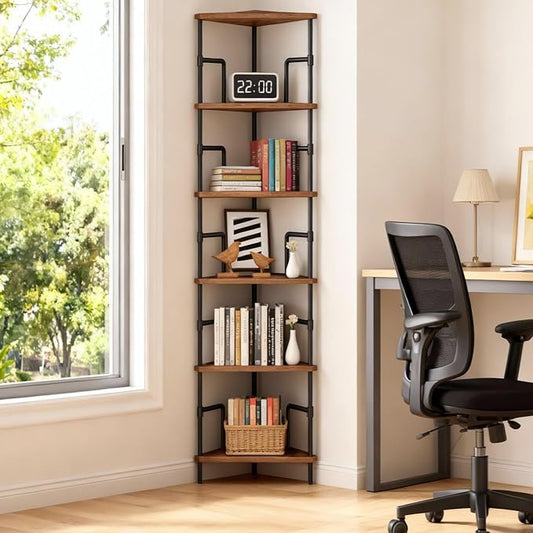MAHANCRIS 6-Tier Corner Shelf, 65" Tall Corner Bookshelf with Metal Frame, Narrow Display Shelf Stand, Industrial Corner Bookcase for Living Room, Bedroom, Home Office, Rustic Brown CSHR6601