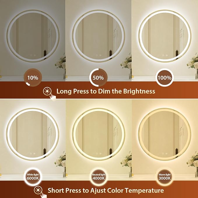 30 Inch Round Gold Framed LED Bathroom Mirror with Lights,Wall-Mounted Lighted Bathroom with 3 Colors Brightness,Anti-Fog,Dimmable Brightness, Waterproof, Tempered Glass, Frontlit & Backlit