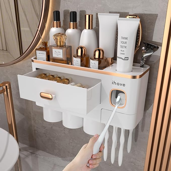 iHave Toothbrush Holders Bathrooms Wall Mount Toothpaste Dispenser & 3 Cups | Elegant White & Gold Bathroom Decor: 3 Cups, 6 Slots, Toothpaste Dispenser, Tray & Drawer Wall Mount Toothbrush Organizer