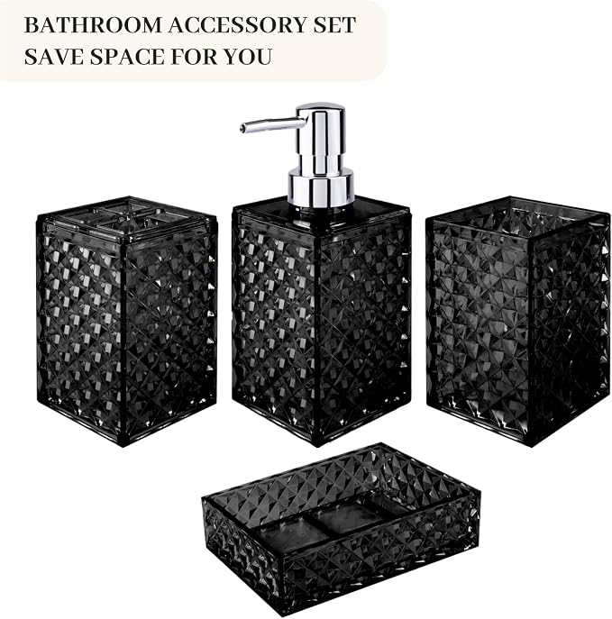 Bathroom Accessory Set, Grid Pattern 4 Pcs Plastic Bathroom Set, Black | Include Soap Dispenser, Soap Dish, Toothbrush Holder, Mouthwash Cup, Modern Bathroom Decor Set