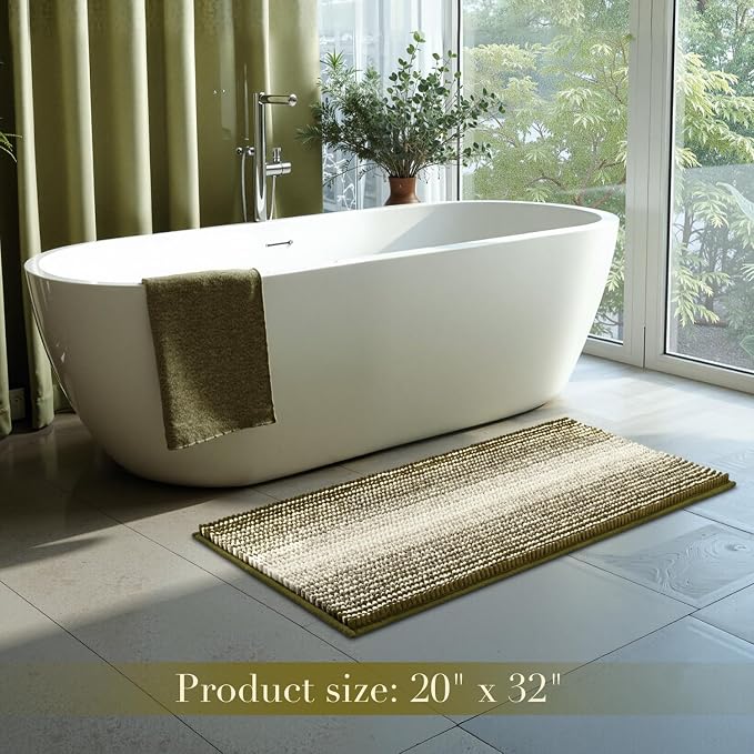 Bathroom Rugs, Bath Mat Non Slip 20 x 32 Inches Water Absorbent Chenille Floor Mats Machine Washable (Olive Green)
