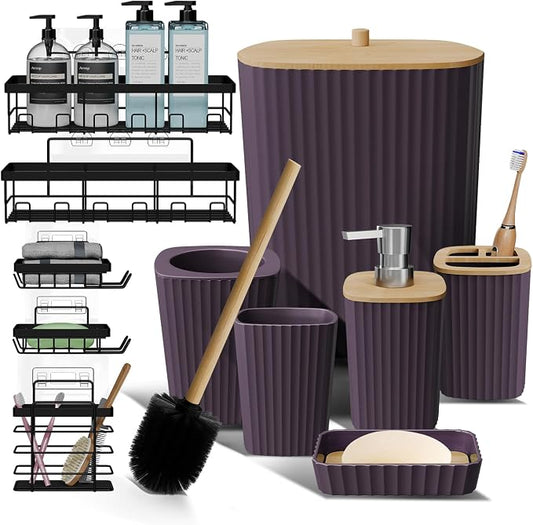 Clara Clark Bathroom Set - Purple Bathroom Accessories Set, 6PC Bathroom Accessory Set, Bathroom Sets with Adhesive Corner Shower Caddy Hanging, Toilet Brush, Trash Can & Soap Dispenser