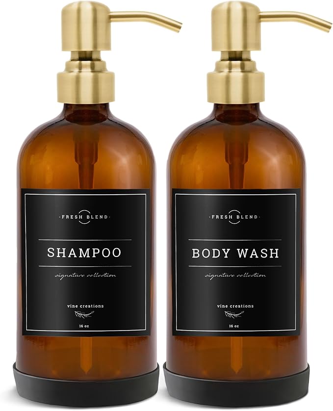Vine Creations Amber Glass Soap Dispenser, 2 Pack Kitchen Soap Dispenser Set with Stainless Steel Pump, 16 oz Hand Soap and Dish Soap Dispensers for Kitchen or Bathroom with Waterproof Labels