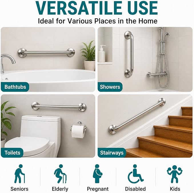 Grab Bars for Shower, 3 Pack Wall Mounted Bathroom Safety Bars | 2×16" & 1×12" Hand Rails for Shower, Bathroom Grab Bars for Seniors with 500 lb Support