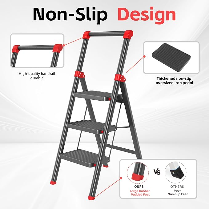 Foldable Step Ladder Stool for Home,3 Step Stool with Wide Anti-Slip Pedal, Heavy Duty 600Lbs Ladder for Indoor Kitchen Closet Stair Use, Black Red