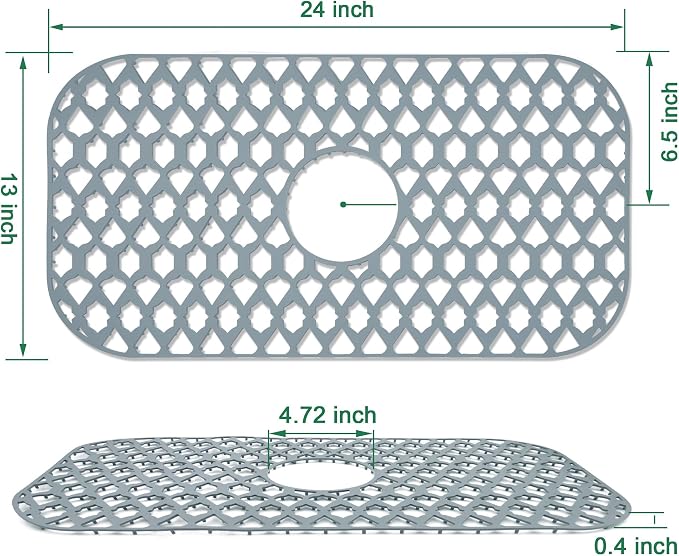 Silicone Sink Protector for Multi-Size Kitchen Sink(24"x13", Center Drain) | Flexible and durable, heat-resistant, machine washable, non-slip, gray grid.