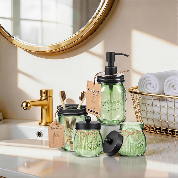 Amolliar 4PCS Bathroom Accessories Set, Green Glass Organizer Sets, Black | Lotion Soap Dispenser, Toothbrush Holder, 2 Qtip Holders, Rustic Farmhouse Decor for Countertop, Vanity, Bathroom Essentials