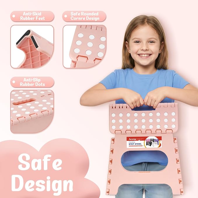 11" Folding Step Stool for Kids, Non-Slip Foldable Stool, Light Pink | Heavy Duty Collapsible Foot Stool, Lightweight with Built-in Handle, Holds 300 lb for Adults Kitchen Bathroom Bedroom Outdoor