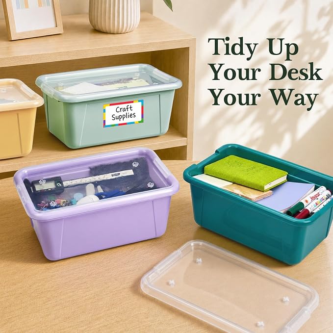 GAMENOTE 6 Quart Storage Bins with Lids, Plastic Latching Box for Classroom & Kids Toy Storage,Stackable Shoe Box Size Containers for STEM Morning Tubs, Crafts & Blocks (6, Morandi)
