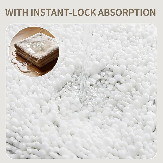 Bathroom Rugs Non Slip Washable 60x24, Extra Thick Soft Chenille Absorbent Bath Mat, High Density Barrier Non Slip Backing, Quick Dry Plush Shaggy Floor Carpet for Tub&Shower, White