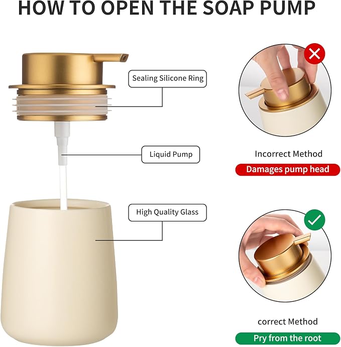 Enra Gold Ceramic Soap Dispenser, Hand Soap Dispenser for Bathroom | 12oz Premium Ceramic Body with Wide-Mouth Refill Design. Elegant Style Enhances Countertops, Kitchens and Home Decor.