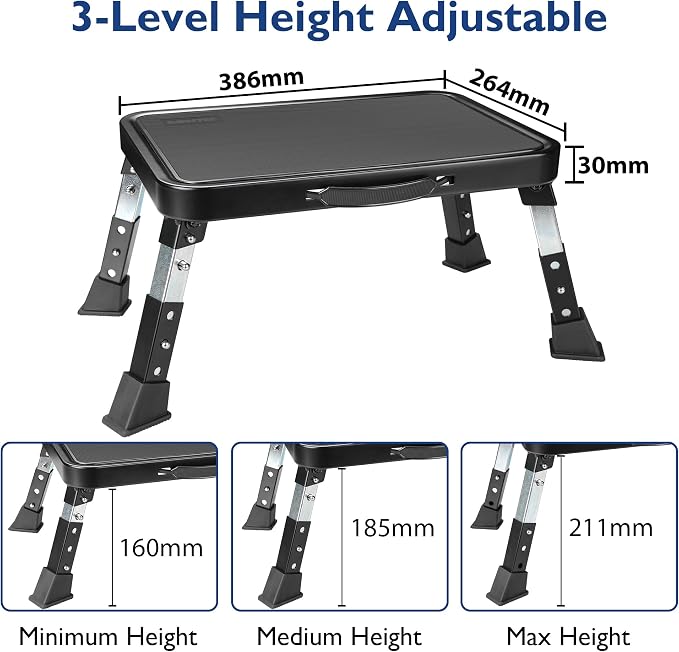 BONTEC Folding Step Stool, 3-Level Adjustable Metal Step Stool, 330lbs | Heavy Duty Folding Foot Stool with Anti-Slip Pedal and Locking Legs, Portable Stepping Stool for Kids, Kitchen, Home, Office