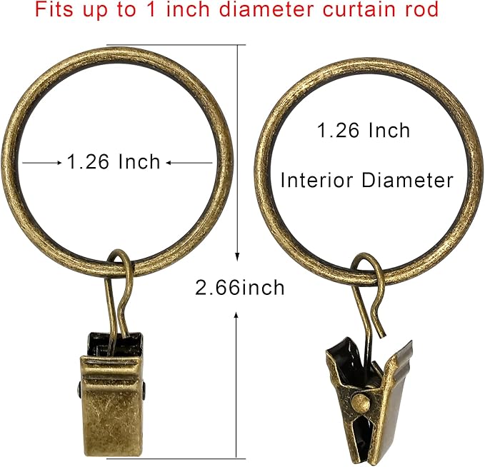 40 Pack Curtain Rings with Clips, Drapery Clips with Rings, Drapes Rings 1.26 in Interior Diameter, Fits up to 1 in Curtain Rod, Bronze