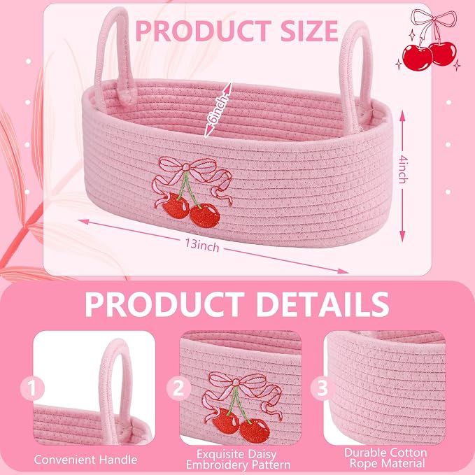Vesici Cherry Basket Pink Cotton Rope Bathroom Organizer with Handles | Cherry Bow Embroidery, Toilet Paper Holder for Countertop Sink, Storage for Bathroom Essentials, Nursery Bedroom