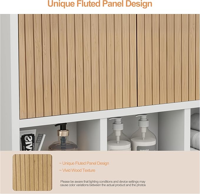 Bathroom Wall Cabinet,Wooden Medicine Cabinet with Fluted Doors Over The Toilet Storage Cabinet with Adjustable Shelf for Bathroom,White