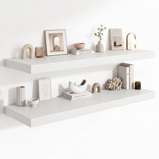 12 Deep Floating Shelves for wall,55 Inch Extra Long Large Wall Shelves Set of 2,2 Inch Thick Heavy Duty Floating Wall Mounted Shelves,Floating Shelf for Fireplace Mantel,White
