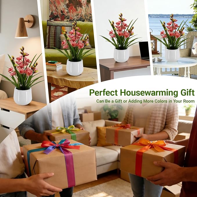 Fake Orchid Plant 19" Tall, Realistic Touch Leaves, Potted Cymbidium Artificial Plants Indoor for Home Decor Small Office Home Living Room-Pink