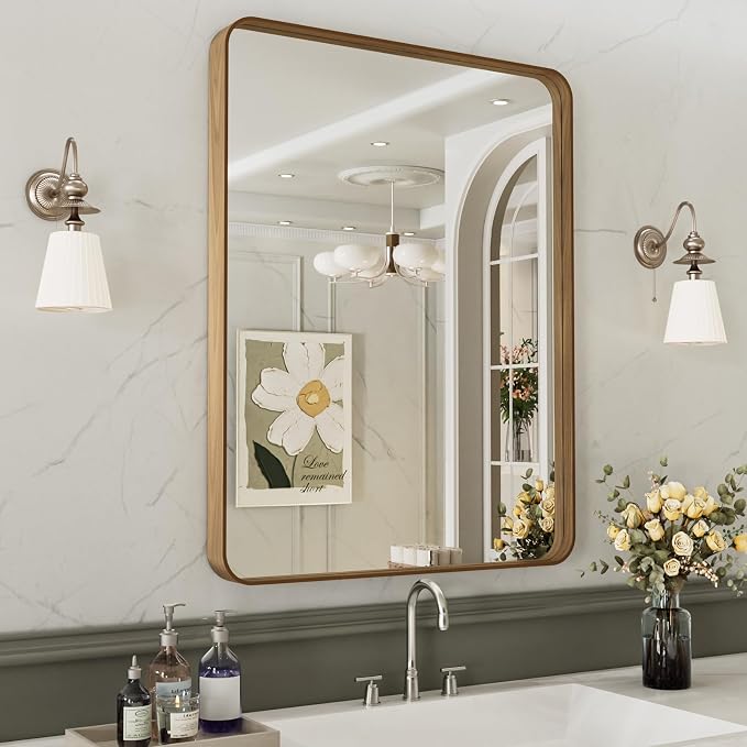LOAAO 22X30 Inch Bathroom Mirror with Wood Grain Colored Metal Frame | Rounded Rectangle, Anti-Rust, Hangs Horizontally or Vertically