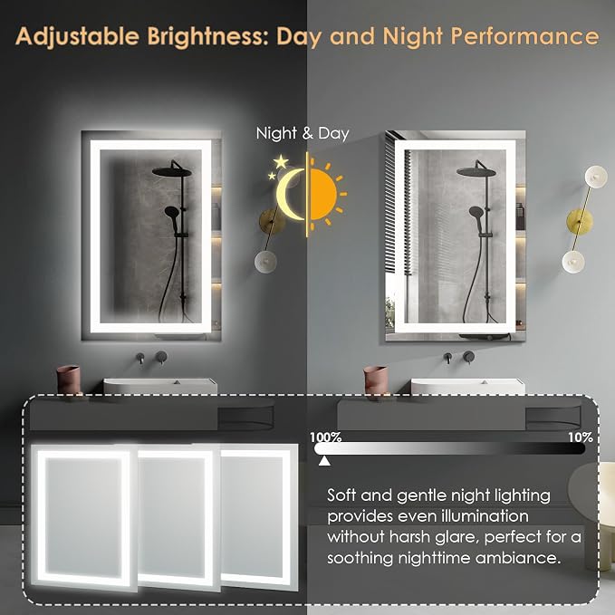 LED Bathroom Mirror, Vanity Mirror with Light for Wall 16"×24" | Stepless Dimmable, 3 Colors (3000K-6000K), Anti-Fog, Wall Mounted, 1 Hour Auto Off, Memory Function, Reinforced Packaging