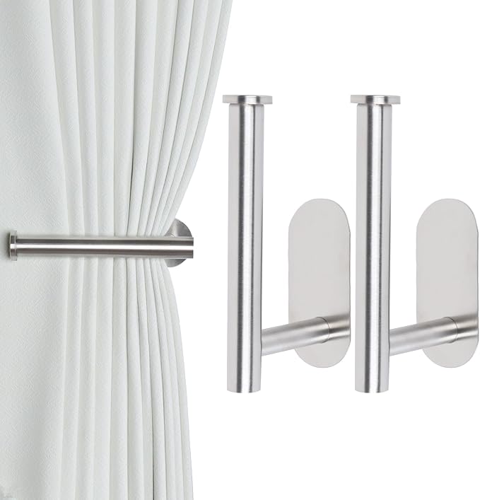 Groleca Adhesive Curtain Holdbacks No Drill Curtain Tiebacks, 2 Pack,Silver | No Drill, Metal Curtain Tie Backs & Pull Backs, Curtain Holders for Wall, Damage-Free Wall Mounted, Strong Adhesive