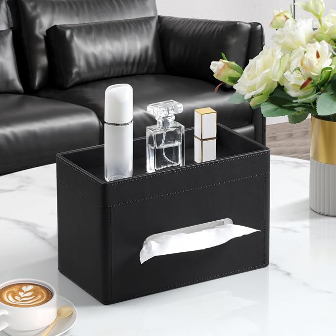 Plus Size Tissue Box Cover, Rectangle Tissue Box Organizer, Black | Fit 180/230 Count Tissue Boxes, Storage Tray, PU Leather Large Tissue Box Cover, Rectangular Tissue Box Holder for Bathroom