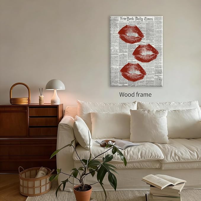 Black White Newspaper Canvas Wall Art Fashion Red Kiss Lips Aesthetic Poster 24X36 inch Framed Trendy Girly Sexy Canvas Prints for Bar Cart Makeup Room Wall Decor