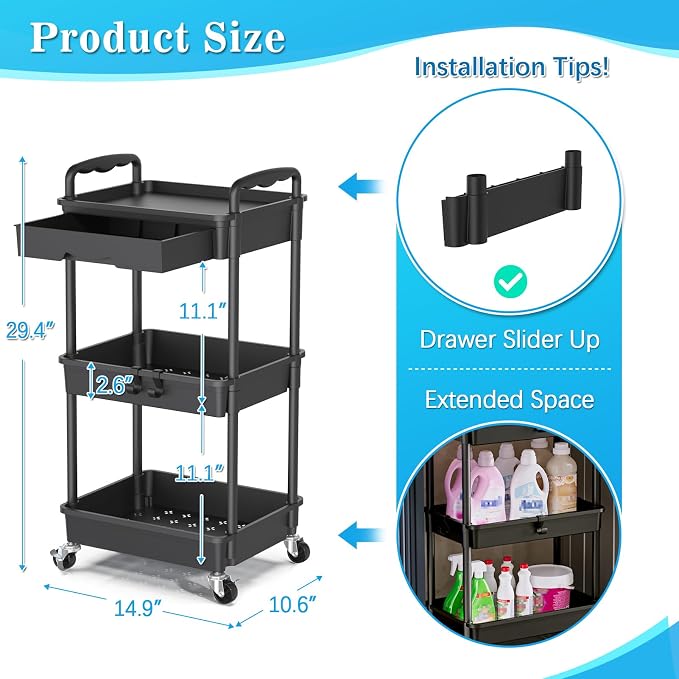 SUNALLY 3 Tier Rolling Cart with Drawer, Craft Storage Cart Organizer,Black | Bathroom Storage Organizer with 2 Lockable Wheels, Rolling Utility Cart for Kitchen, Office, Baby, Makeup, Nail,Snack,Laundry