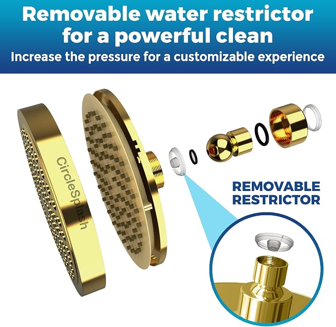 Shower Head - High Pressure 2.5 GPM - Gold | Anti-clog silicone nozzles, removable restrictor, easy-clean fixed replacement