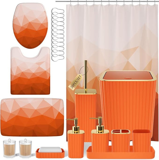 XLHOMO Bathroom Accessory Set - 26PC Bathroom Shower Curtain and Rug Set, Bathroom Accessories Set, Orange Bathroom Set with Trash Can, Toilet Brush, Qtip Holder & Soap Dispenser