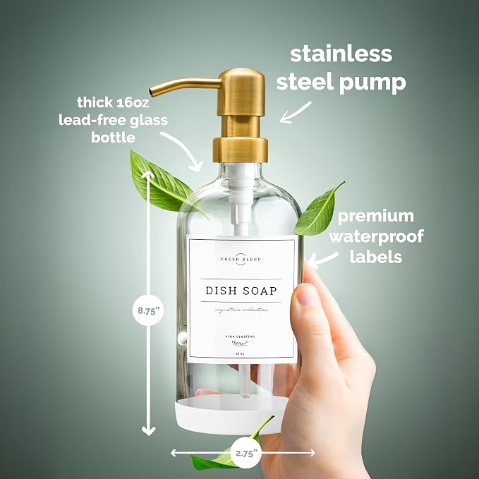 Vine Creations Glass Soap Dispenser, 2 Pack Kitchen Soap Dispenser Set with Stainless Steel Pump, 16 oz Dish Soap and Hand Soap Dispensers for Bathroom with Waterproof Labels (Clear)