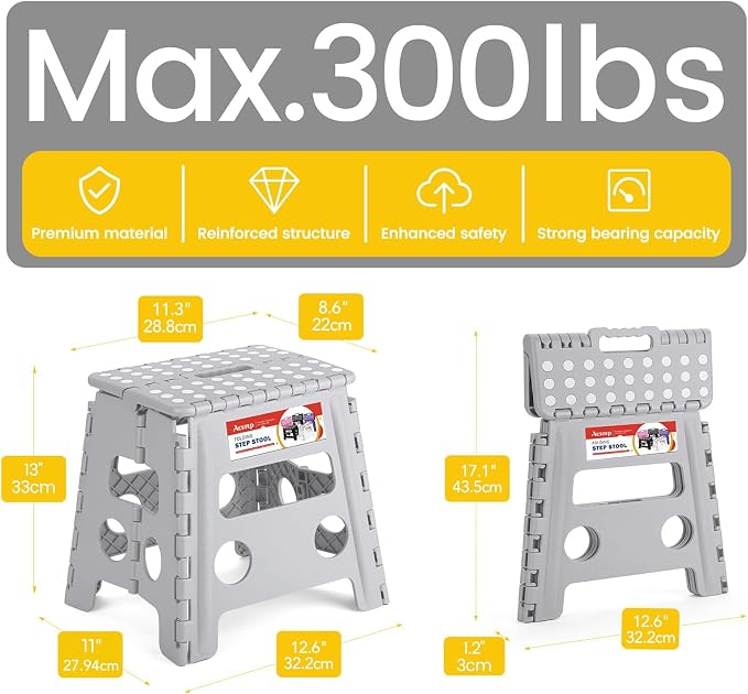 13" Folding Step Stool, Non-Slip Foldable Stools for Adults, Gray | Heavy Duty Portable Collapsible Foot Stepping Stool, Holds 300 lb for Kitchen Bathroom Outdoor, Lightweight, Built-in Handle
