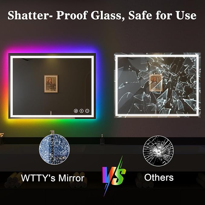WTTY 60"x36" RGB LED Bathroom Mirror with Light | 8 Color Backlight + 3 Color Front Light, Anti-Fog, Dimmable, Memory Function, Tempered Glass, IP54 Waterproof, ETL Listed