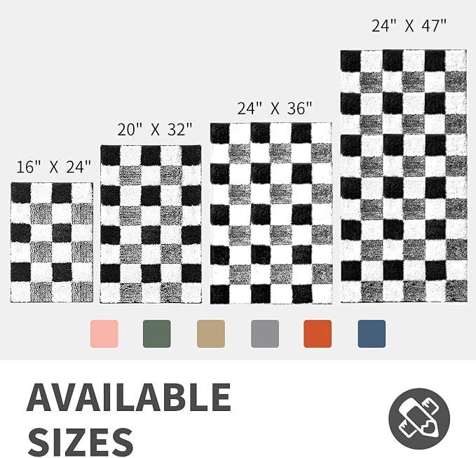 CozeCube Jet Black Checkered Bath Runner 59"x24" Non Slip Washable Rug | For Bathroom Non Slip, Fluffy Absorbent Microfiber Bath Mats Machine Wash, Stylish Long Aesthetic Bathroom Rugs
