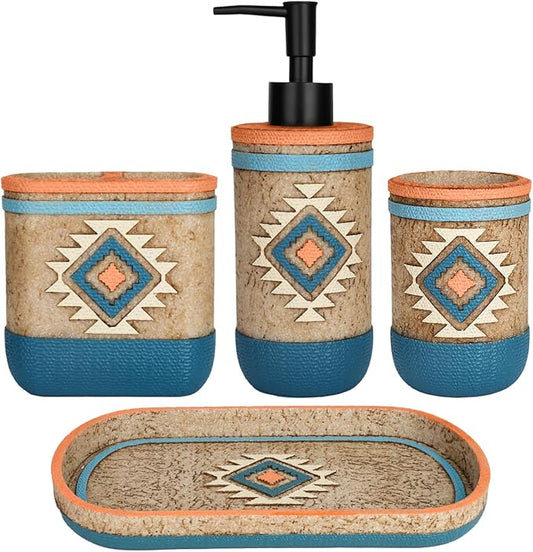 Bathroom Accessory Sets 4PCs Complete Tribal Home Decor Southwest Pattern Shape Includes Lotion Dispenser Toothbrush Holder Tumbler Cup & Vanity Tray