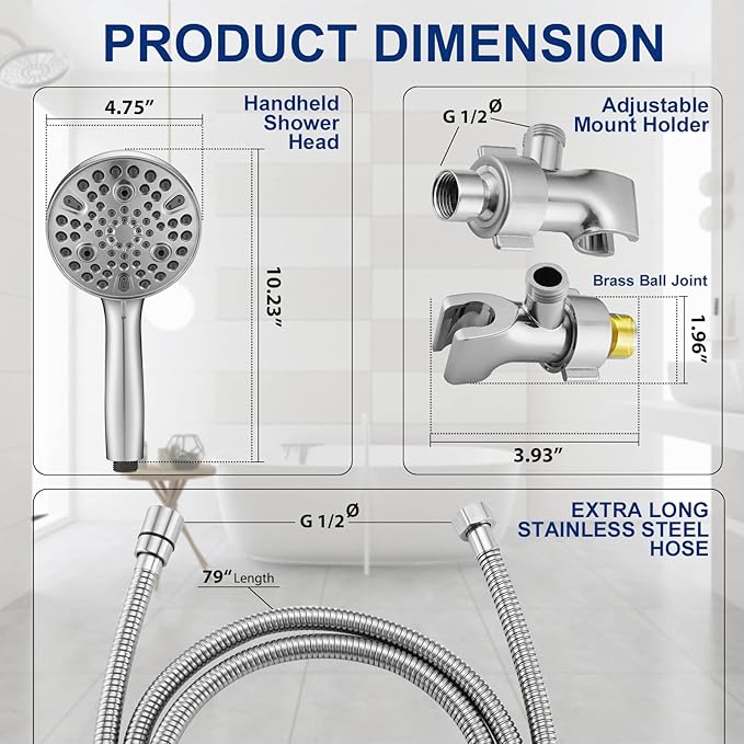 High Pressure 10 Setting Handheld Shower Head, 5" Detachable Showerhead Spray Built-in Power Wash to Clean Tub, Tile & Pets, 79" Extra Long Stainless Steel Hose, Adjustable Bracket - Chrome