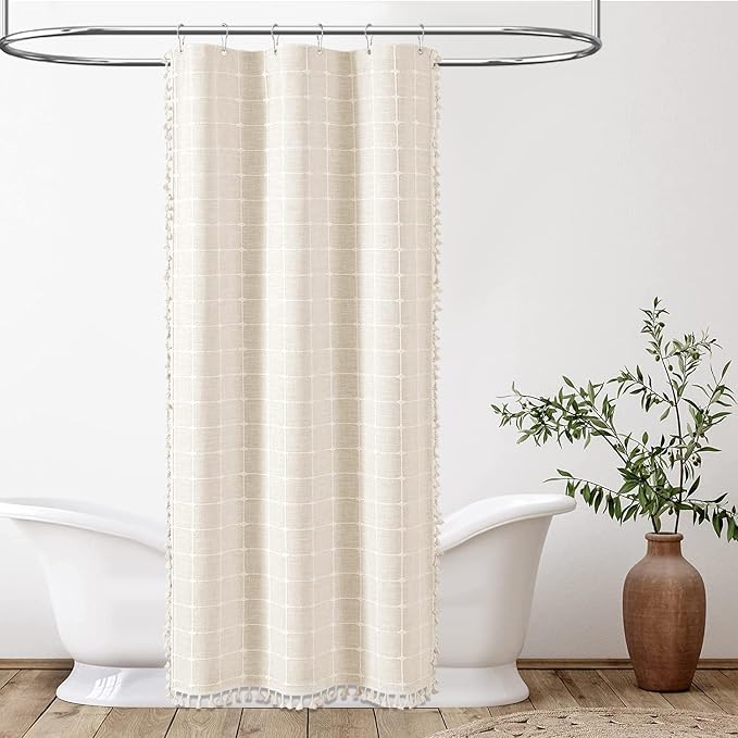 Stall Boho Farmhouse Linen Fabric Shower Curtain, 36x72, Cream/Beige | Half Size, 330GSM Linen Blend, 3-side Tassels, Water Repellent Cloth, 6 Plastic Hooks, Rustic Bohemian, Machine Washable