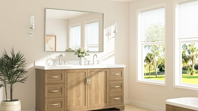Brushed Nickel Bathroom Vanity Mirror 55" x 36" Beveled Framed Bathroom Wall Mirror for Over Sink Brushed Nickel, Tempered Glass, Modern Farmhouse Bedroom, Entryway, Living Room