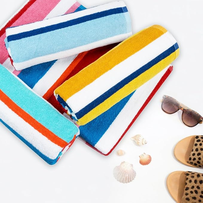 CASA COPENHAGEN Bora Bora Beach Towels Designed in Denmark Rough and Tough, Quick Dry, for Pool, Bath & Shower 30x60 inches 4 Pieces Cotton Beach Bath Towels Set - Pink, Red, Yellow, Turquoise