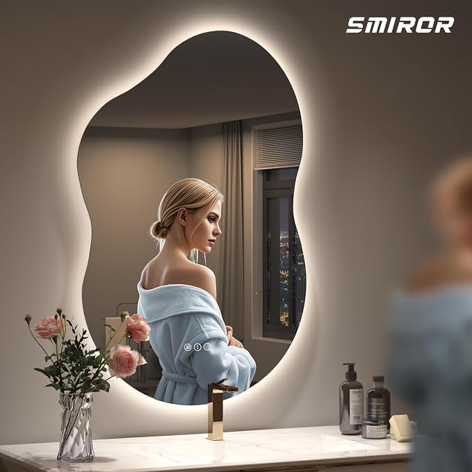 SMIROR 20x36 Irregular Backlit Led Lighted Bathroom Vanity Mirror | Asymmetrical, Cloud Shape, Anti-Fog, 3 Colors, Dimmable, Memory, Tempered Glass, UL