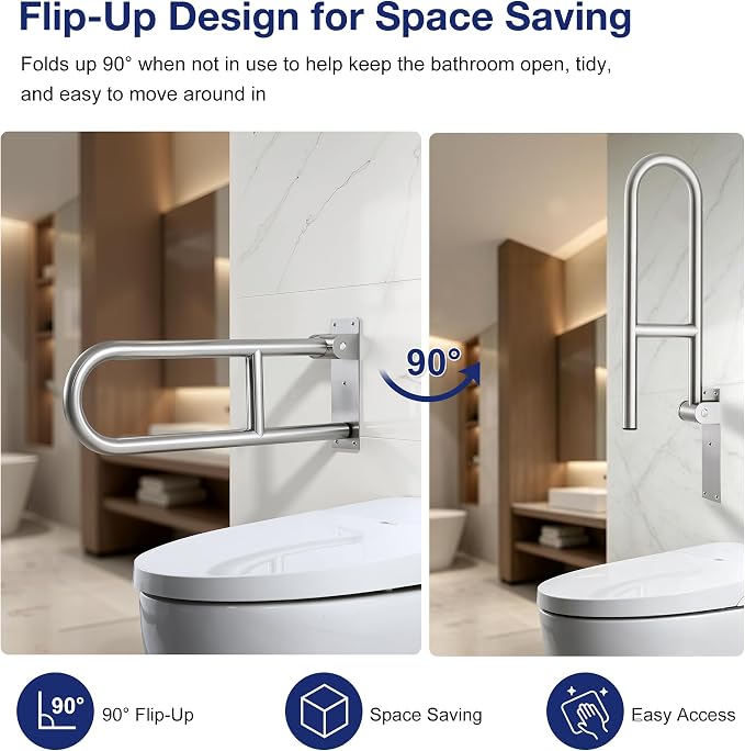 24 Inch Toilet Grab Bar-304 Stainless Steel Flip Up Handrail | Brushed finish | Wall mounted | 1.25 inch grip | Space saving fold up design | Template & hardware included