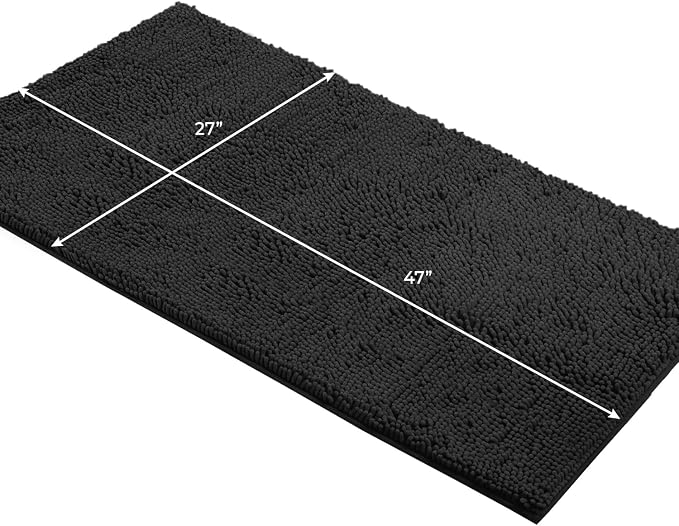 LuxUrux Plush Chenille Runner Rug – Ultra-Soft, Absorbent & Non-Slip Bath Mat for Bathroom, Hallway & More, Machine Washable (27 x 47 inches, Black)